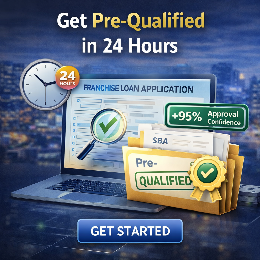 Franchise loan pre-qualification process showing online application, approval check, and SBA pre-qualified funding within 24 hours