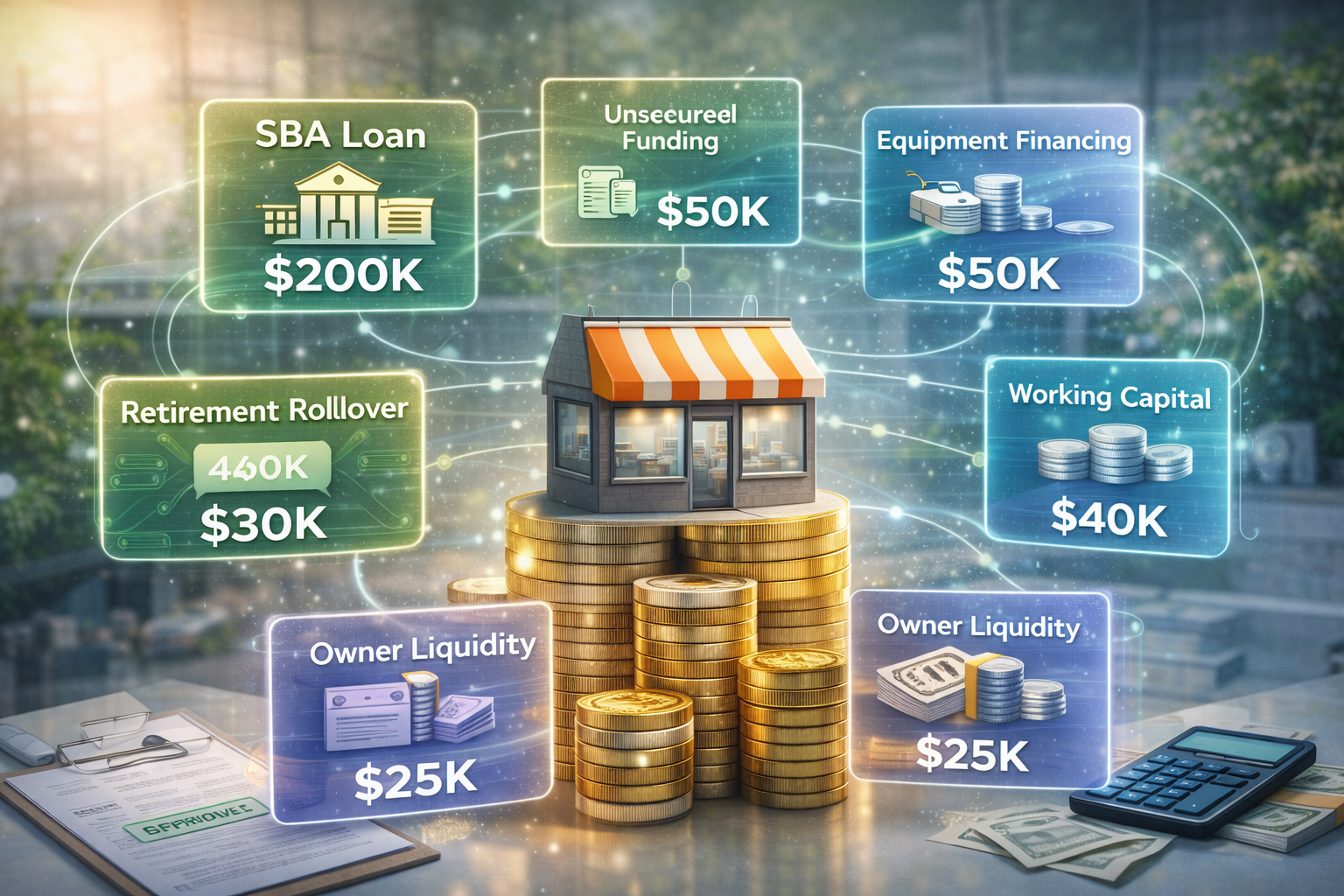 Layered franchise financing combining multiple funding sources for a startup business