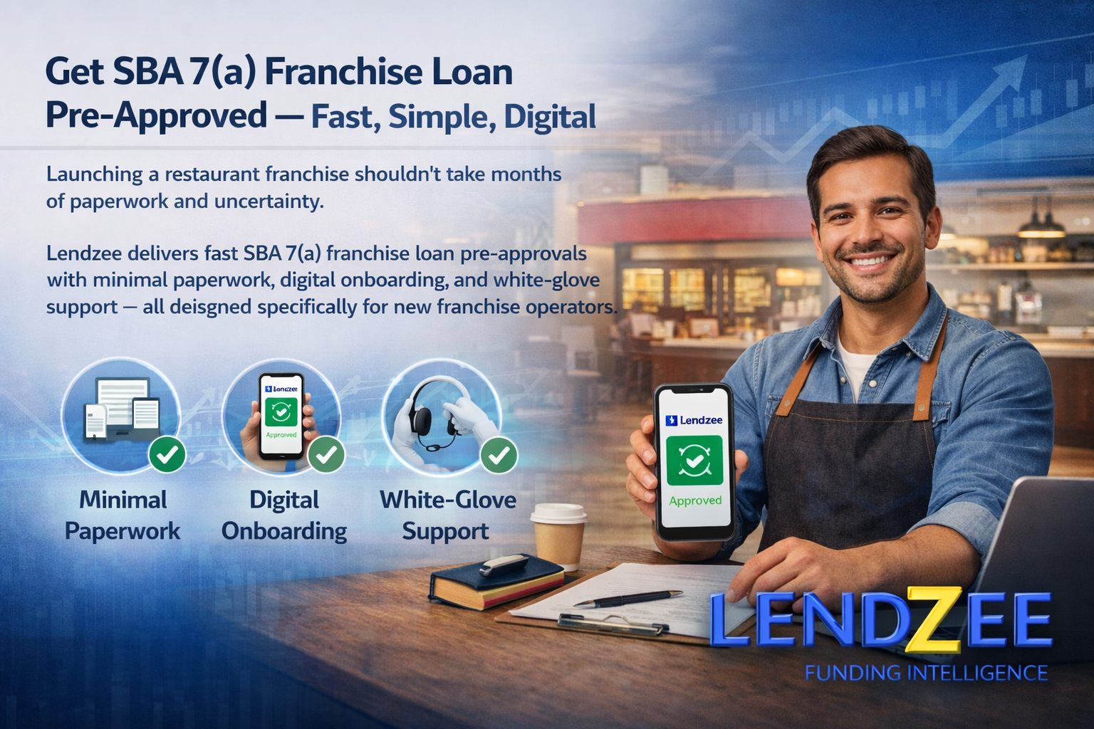 Restaurant franchise owner receiving SBA 7(a) loan pre-approval through digital onboarding with minimal paperwork by Lendzee
