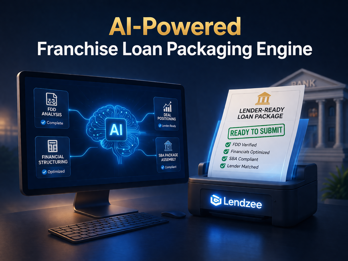 AI-powered franchise loan packaging system showing FDD analysis, financial structuring, SBA compliance, and lender-ready loan package creation