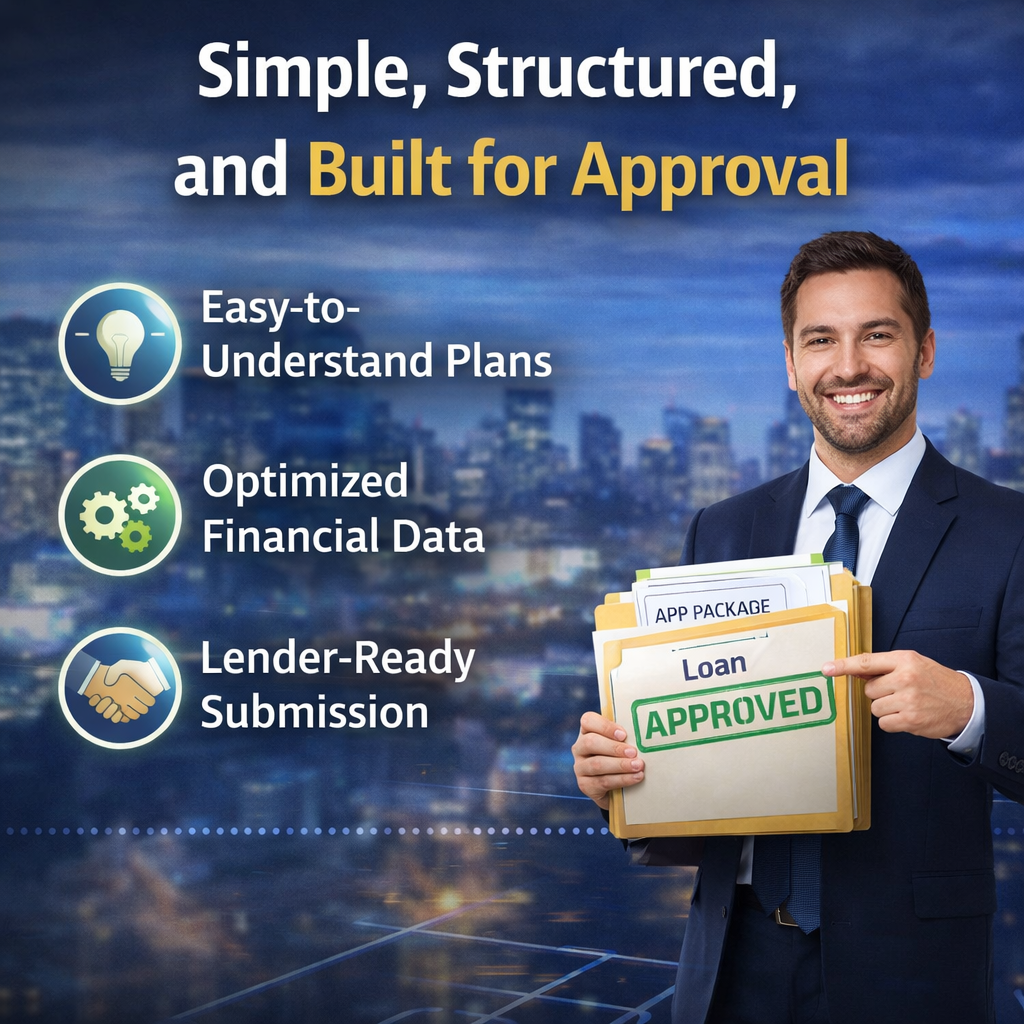Franchise loan process illustration showing simple structured steps and an approved loan package ready for lender submission