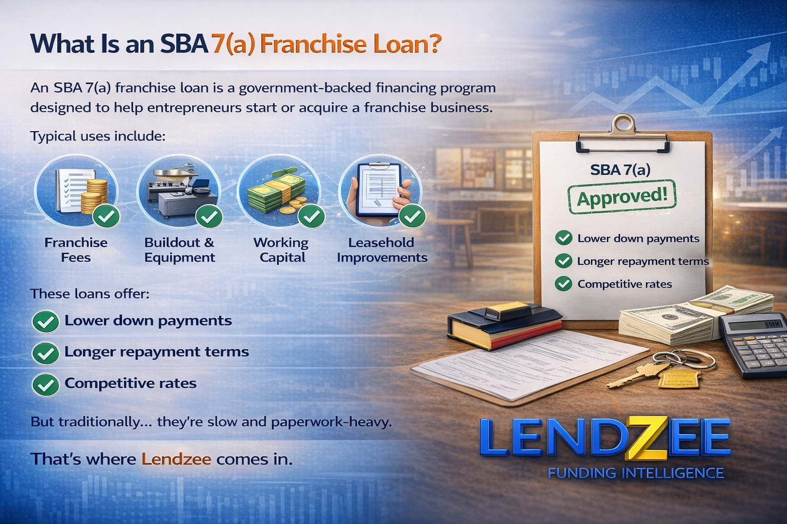 Illustration of SBA 7(a) franchise loan uses including franchise fees, equipment, working capital, and benefits like lower down payments and longer terms