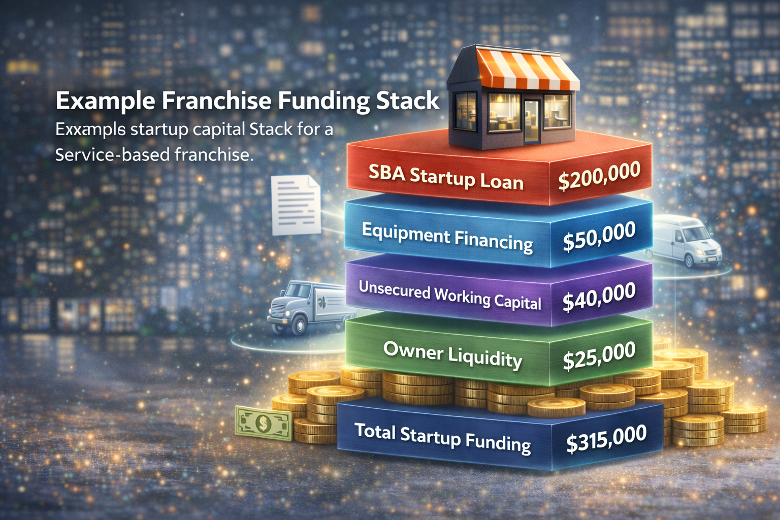Layered franchise funding stack showing SBA loan, equipment financing, working capital, and owner liquidity